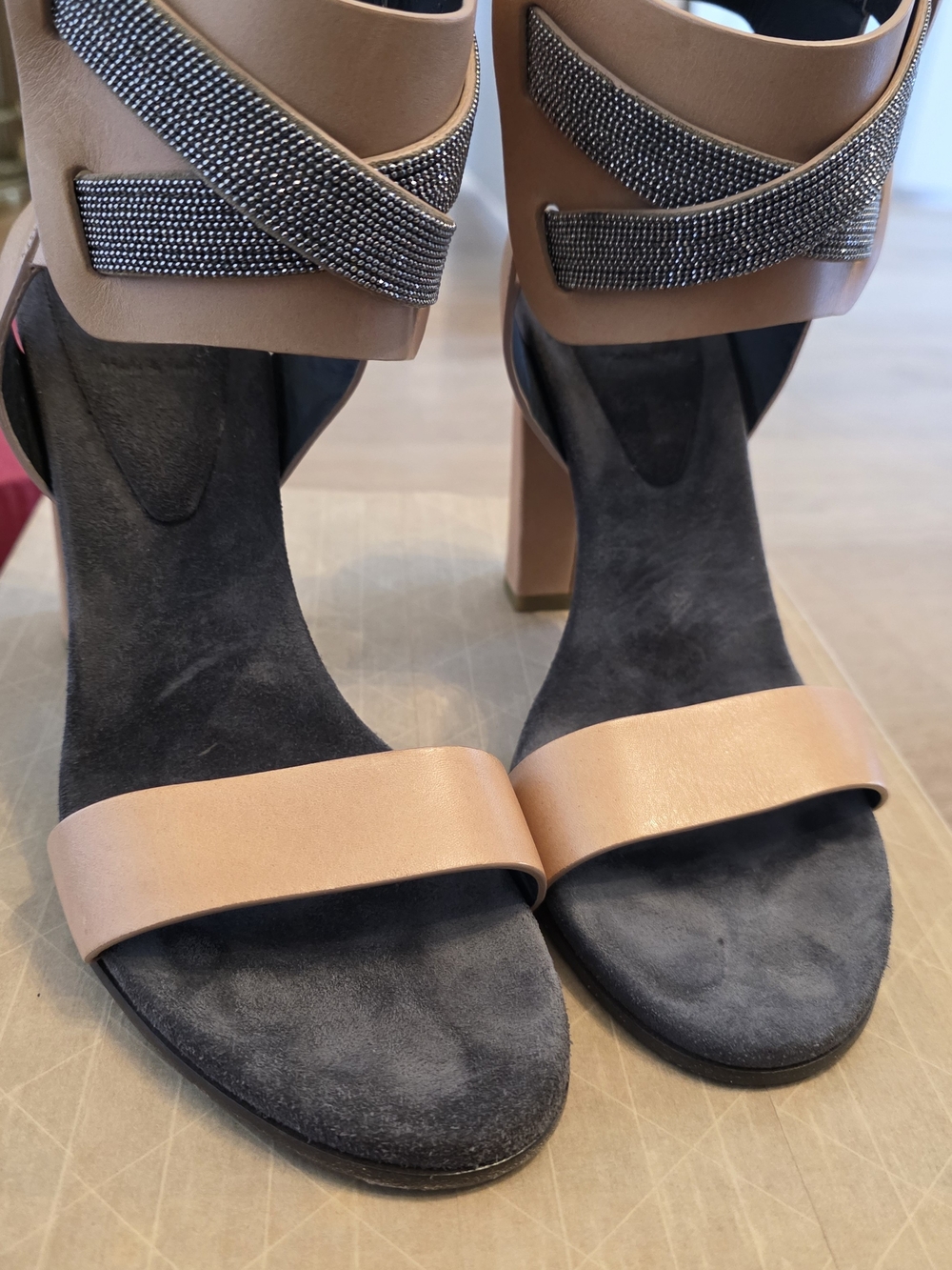 Brunello Cucinelli Blush Leather Block Heel Sandals with Crystal Straps - Picture 9 of 10
